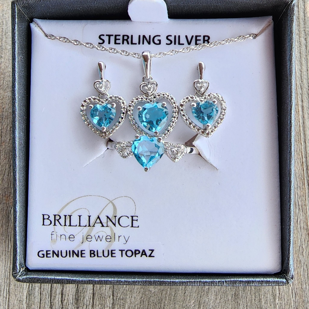 925 Sterling Silver Brilliance Fine Jewelry Blue Topaz Ring Necklace Earring Set 68$